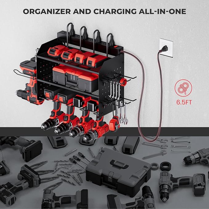 TRZZ Power Tool Organizer Wall Mount, 3-Layer Charging Station, Black | 8 Outlets, 6 Drill Holders, Drill Bit Rack, Efficient Organized Storage, for Garage, Workbench, Workshop