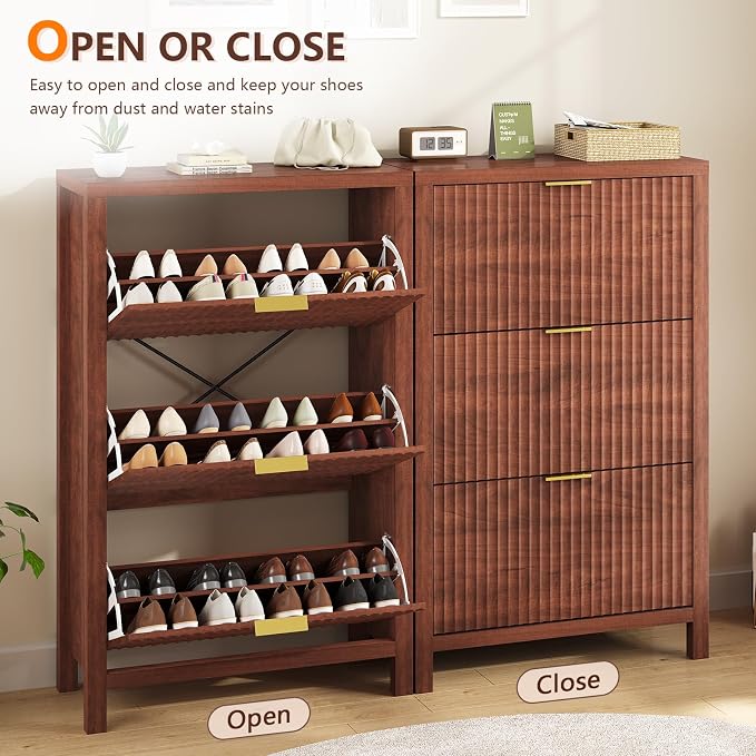 32" Fluted Shoe Cabinet Storage with 3 Flip Drawers for Entryway, Hallway | Hidden Shoe Rack Slim Freestanding Shoe Organizer with Legs for Hallway, Living Room, Red Walnut