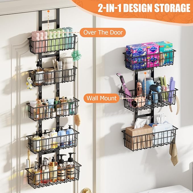 Hongtamoya 8 Tier Over The Door Organizer, Adjustable Hanging Door Organizer with 8 Wire Baskets 6 Hooks, Behind The Door Storage for Pantry Closet Bedroom Bathroom Cabinet Kitchen Laundry Room, Black
