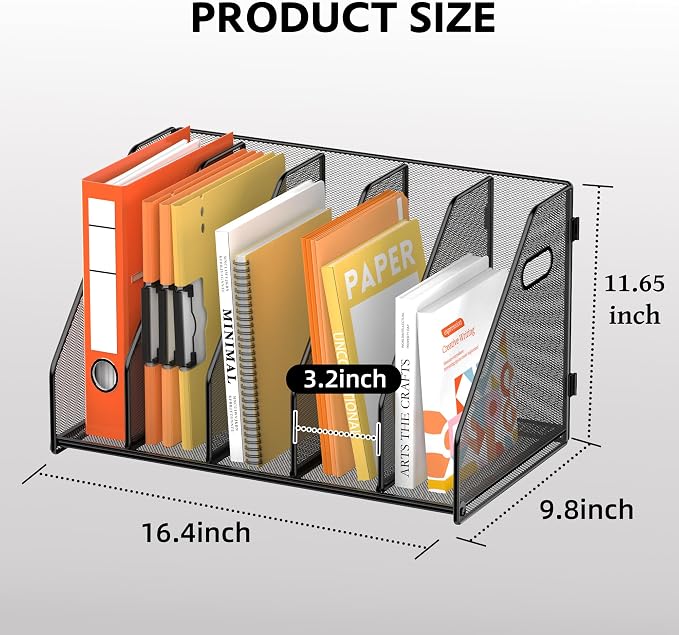 SUPEASY Binder Organizer, Magazine File Holder with 5 Vertical Rack, Black | Metal Desk File Organizer & Binder Holders, Magazine Organizers for Office Desktop, Home, School, Classroom
