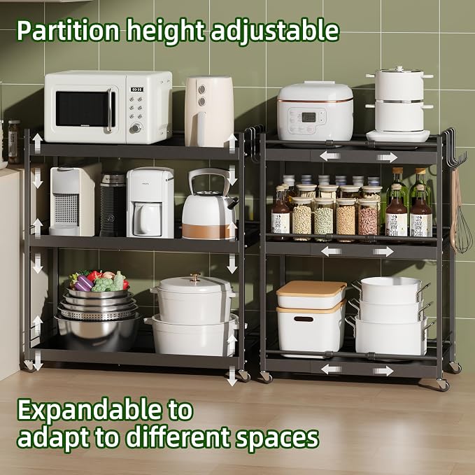 2 Tier Expandable Rolling Cart with wheels, pantry organizers and storage | kitchen Storage Cart for cans,food,snack and appliances，Adjustable shelf board height，Black,12.59"D×19.29-30.9"W×19.29"H