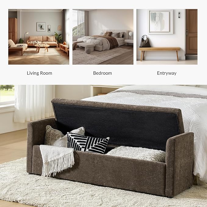 HULALA HOME 59" Storage Bench with 2 Throw Pillows & Armrests, Taupe | Modern Long Bedroom Bench for End of Bed, Comfy Upholstered Fabric Footstool for Entryway Living Room