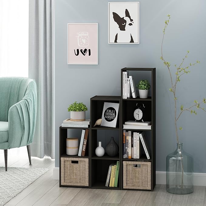 Furinno Pelli Cubic Storage Cabinet, 4x1, Espresso | 11.6 x 12.2 x 47.7, Open & Closed Back Cubes, Storage Organizer Cabinet, for Living Room, Bedroom, Home Office
