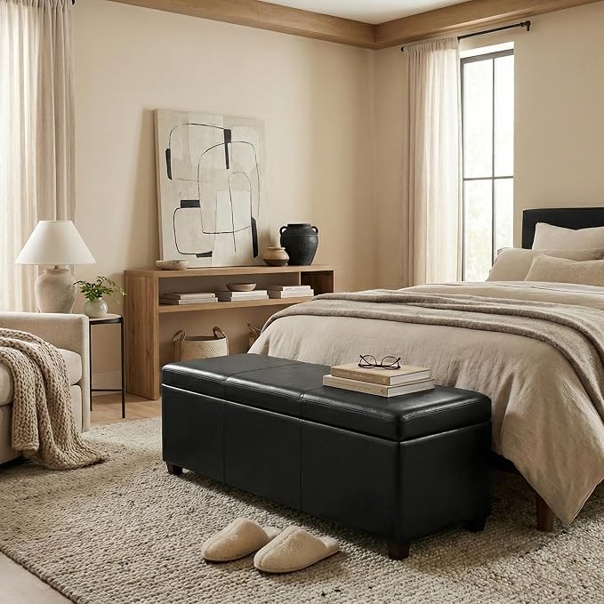 SIMPLIHOME Castleford 48" Wide Linen Look Fabric Storage Ottoman in Grey | Contemporary lift-top ottoman with high-density foam; rectangle storage bench or coffee table for living room or entryway.
