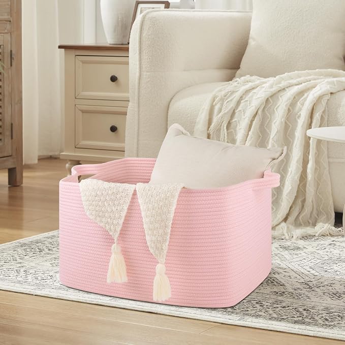 OIASKET Large Blanket Basket, Blanket Storage Living Room, Rectangle Woven Baskets for Storage Toys, Towels, Dirty Clothes Organizer Bins (Pink)