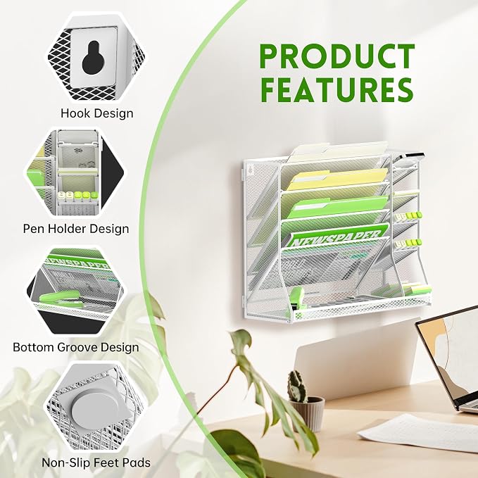 5-Tier Wall File Organizer with 4 Pen Holders and R-Shaped Tray,White | 5-Tier Wall Organizer and Wall File Organizer with 4 Pen Holders and R-Shaped Base for Wall Mount or Desktop Use