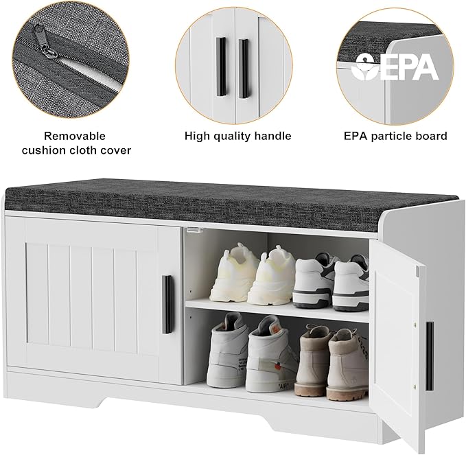 Homleke Shoe Storage Bench, 2 Doors & Thickened Padded Seat Cushion | 2-Tier Shoe Bench, Entryway Bench, Adjustable Shelf, 13.8" D x 37.4" W x 18.5" H, for Living Room, Bedroom, White