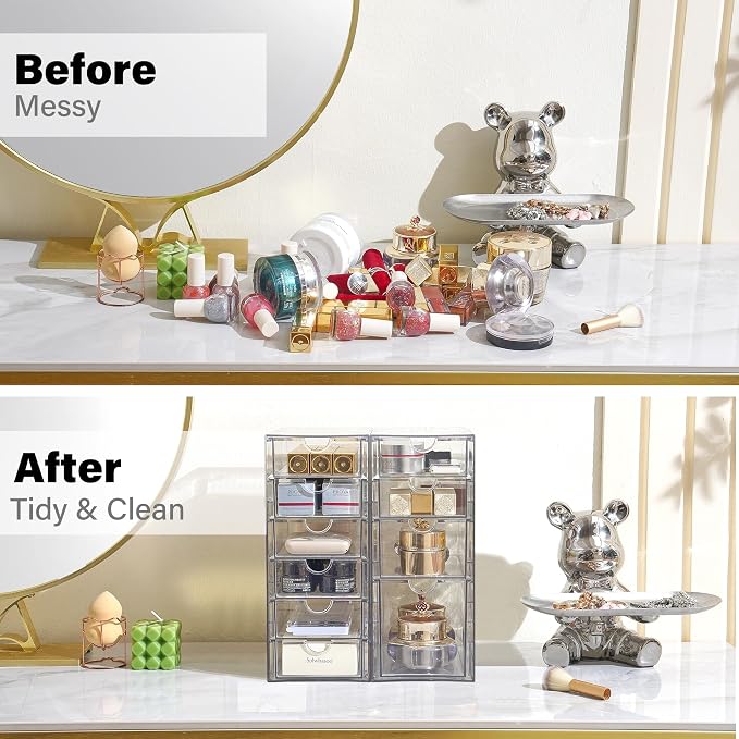 Prsildan Hair Accessories Organizer Acrylic Drawer with 10 Drawers | Clear, Craft Art Supply Storage, For Office Desk Bathroom Vanity Countertop, Set of 2