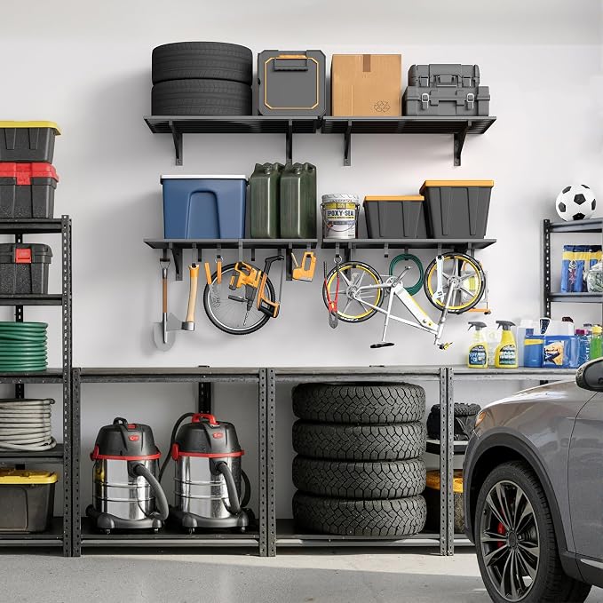 Jusgym 2-Pack 2x3ft Garage Shelving Wall Mounted, 2' x 3' Heavy Duty Garage Storage Shelves with Hooks, 500LB Capacity