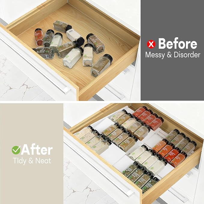 Bamboo Spice Drawer Organizer, (Need 3.1” Deep Drawer) Expandable 4 Tier Spice Rack for Cabinet (From 12" to 23" Wide), Seasoning Storage Insert, Spice Organizer for Drawer,Jars Not Included
