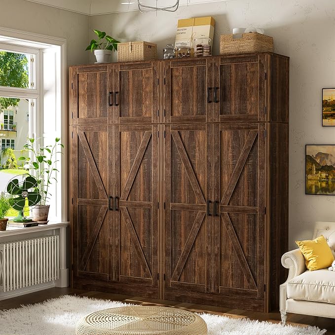 Unikito 71” Kitchen Pantry Storage Cabinet with Adjustable Shelves, 2 Pack | Large Farmhouse Storage Cupboard, Barn Doors, Sturdy and Deep, Versatile for Dinning Room, Living Room, Weathered Brown