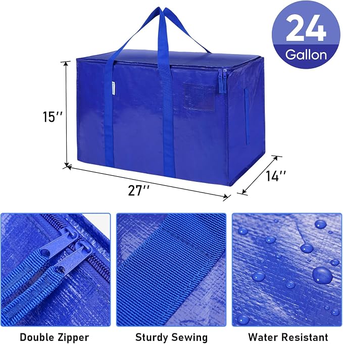 TICONN 8 Pack Extra Large Moving Bags Heavy Duty with Zippers & Carrying Handles, Durable Storage Bags Moving Boxes for Closet Organizers and Storage (8 Pack, Blue)