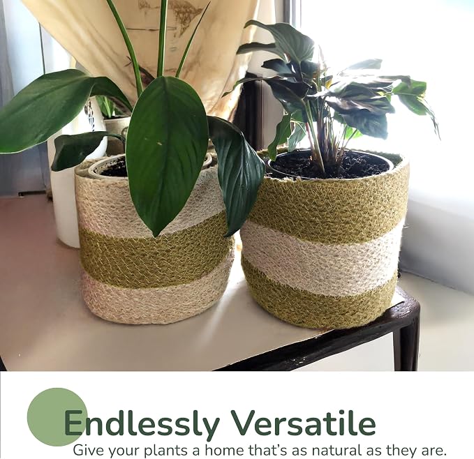 Jute Small Plant Pots Set of 2, 6.5 inches- Olive & Natural | Jute Planter Basket-Woven Rope Covers for Decorating Indoor/Outdoor Succulents Multi-Purpose Storage Bins Modern Style Decor