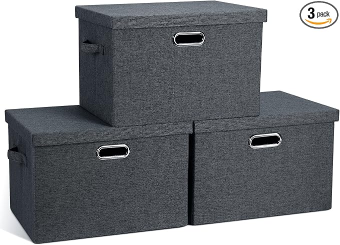 Graciadeco Large 17" 36 Quart Collapsible Stackable Storage Bins with Lids, 3 Packs Dark Gray Foldable Fabric Closet Storage Boxes with Lids, Heavy-duty Linen Cube Baskets(17x12x11) | 36 Quart 3 Pack Dark Gray Collapsible Stackable Linen Fabric 4 Handl...