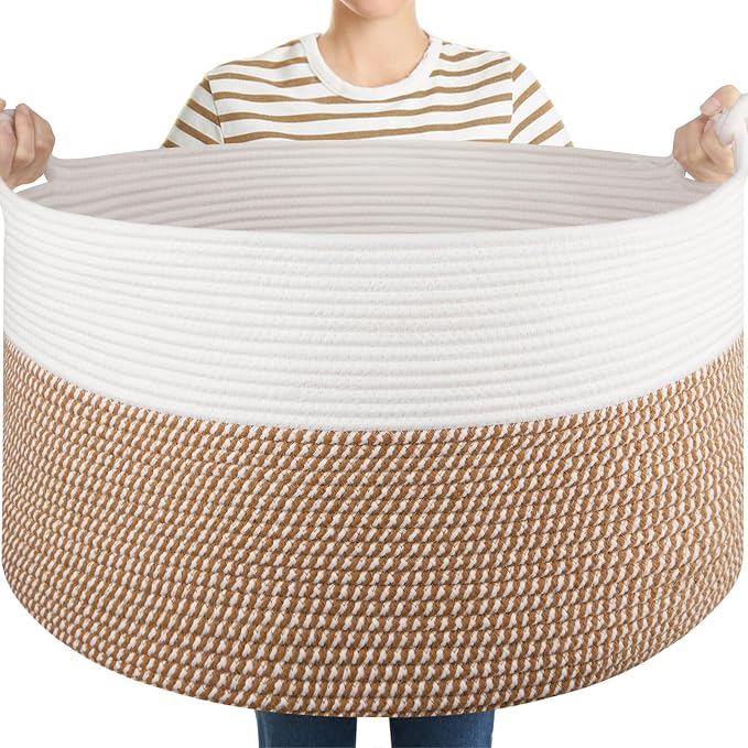 OIASKET Large Blanket Storage Basket for Living Room, 22.8" x 22.8" x 13" Woven Cotton Rope Basket with Handles, Baby Toy Storage, Laundry Hamper for Clothes, Pillows, Towels-Yellow and White
