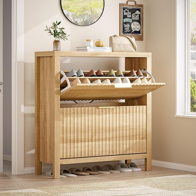 Fluted Shoe Cabinet Storage with 2 Flip Drawers for Entryway, Hallway | Narrow Shoe Rack Freestanding Shoe Organizer with Legs for Entryway，Hallway, Oak