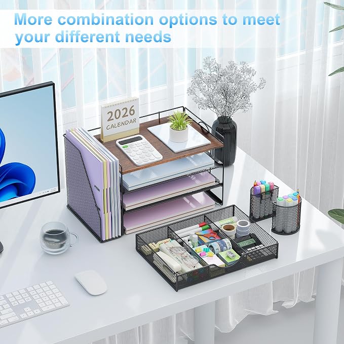 gianotter Desk Organizers and Accessories with File Holder, 4-Tier Desk Accessories & Workspace Organizers with Drawer and 2 Pen Holder, Paper Organizer for Office Supplies (Wood)