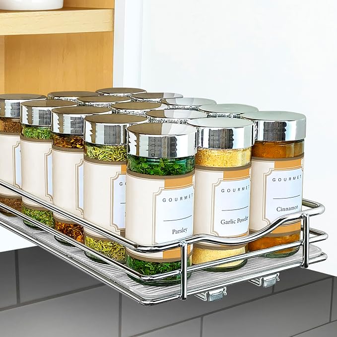 LYNK PROFESSIONAL® Pull Out Spice Organization for Cabinets - 6-3/8 inch Wide – Spice Rack for Inside Cabinets, Slide Out Spice Rack Organizer for cabinet – Pull Out Spice Rack, Sliding 1 Tier Chrome