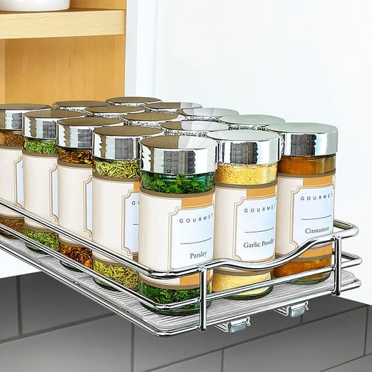 LYNK PROFESSIONAL® Pull Out Spice Organization for Cabinets - 6-3/8 inch Wide – Spice Rack for Inside Cabinets, Slide Out Spice Rack Organizer for cabinet – Pull Out Spice Rack, Sliding 1 Tier Chrome