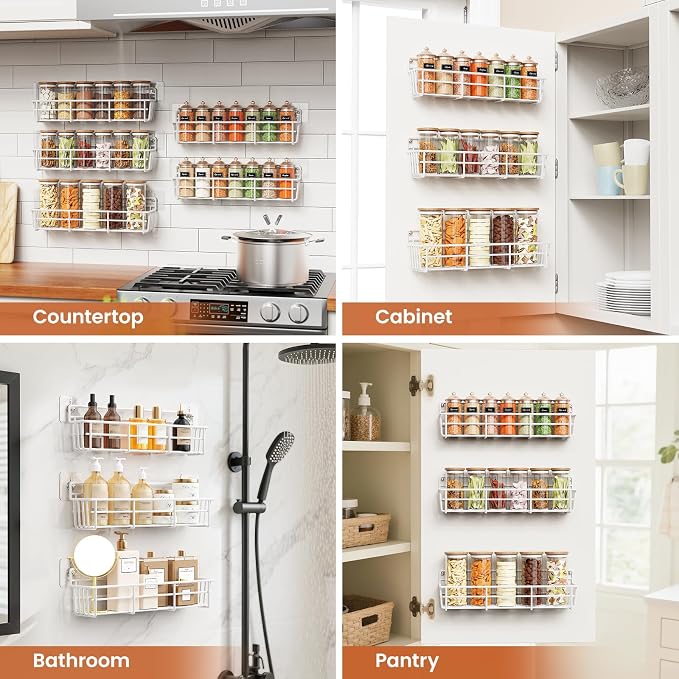 Mystozer 5 Pack Spice Rack Seasoning Organizer Wall Mount, Kitchen Organization Kitchen Storage Spice Shelf Screw or Adhesive Hanging Shelf Basket Spice Organizer Shelf for Kitchen, Pantry (White)