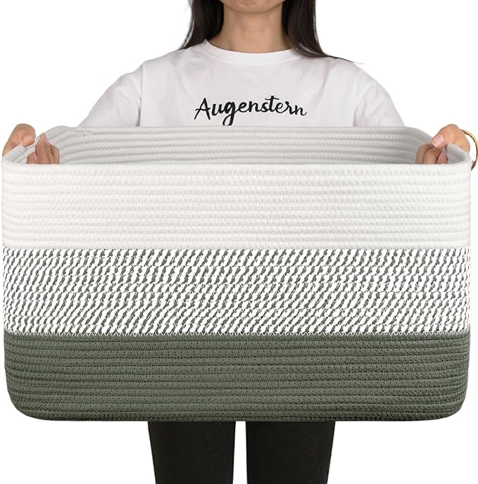 OIAHOMY Large Blanket Basket, 22”x17”x12” Rectangle Woven Baskets, Nursery Blanket Storage Living Room, Toy Storage With Handle, Large Baskets for Organizing-Green/White