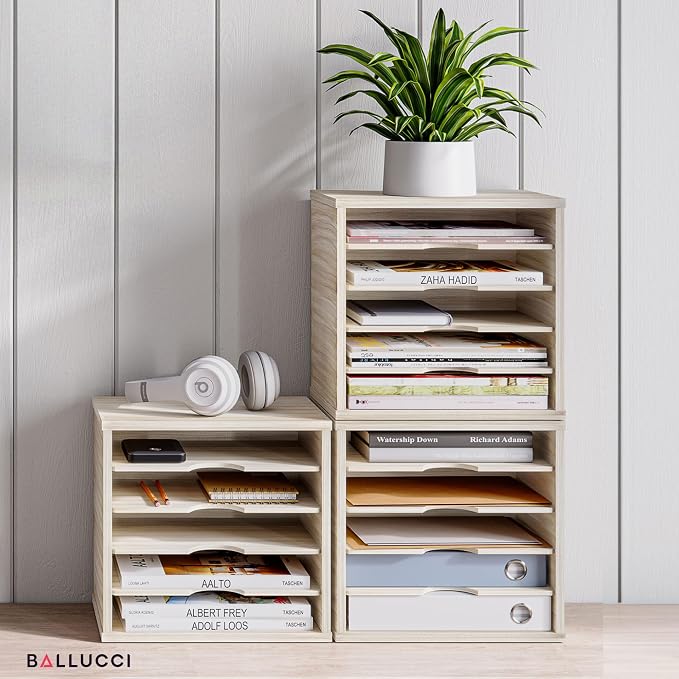 Ballucci 5-Tier File Organizer for Desk, Mail Sorter, Office Desk Organization, Paper Storage Organizers, Folder Holder for Desk, Letter Trays & Stacking Supports, Brushed Wood