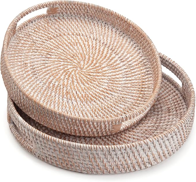 Coffee Table Tray Round Rattan Ottoman Tray Woven Serving Trays with Handles for Home and Kitchen Decorative White (Large 14 inch x 2.4 inch)