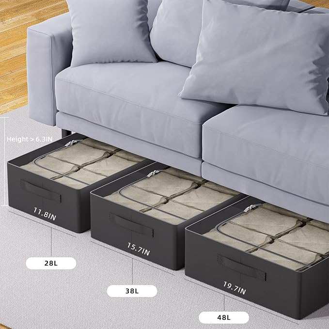 CYhom 3Pcs Under Bed Storage Bins with Metal Frame - Shoe Organizer for Closet with Clear Cover Oxford Fabric Sturdy Underbed Container Foldable Stackable Clothes Organizer (Black, 23.5x15.7x6.3)