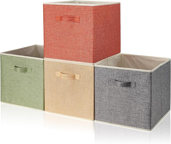 Storage Cube Organizer Bin 13" x 15" x 13" Large Boxes Fabric Basket with Handles for Organizing Shelves Closet Clothes 4 Color Set A