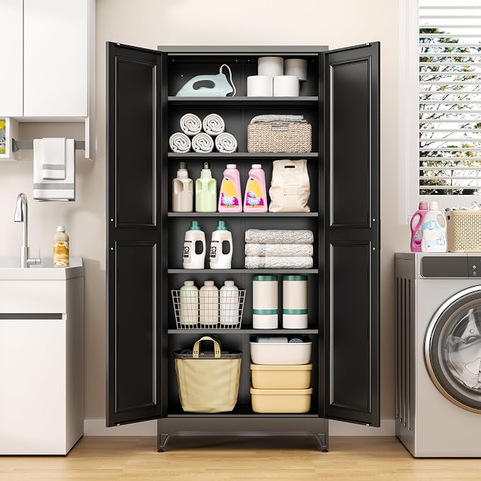 75" Tall Black Metal Storage Cabinet with Doors, Heavy Duty | Freestanding Steel Kitchen Pantry Cabinet, 5 Adjustable Shelves (180 Lbs Load), Tall Cabinets for Home, Office and Garage
