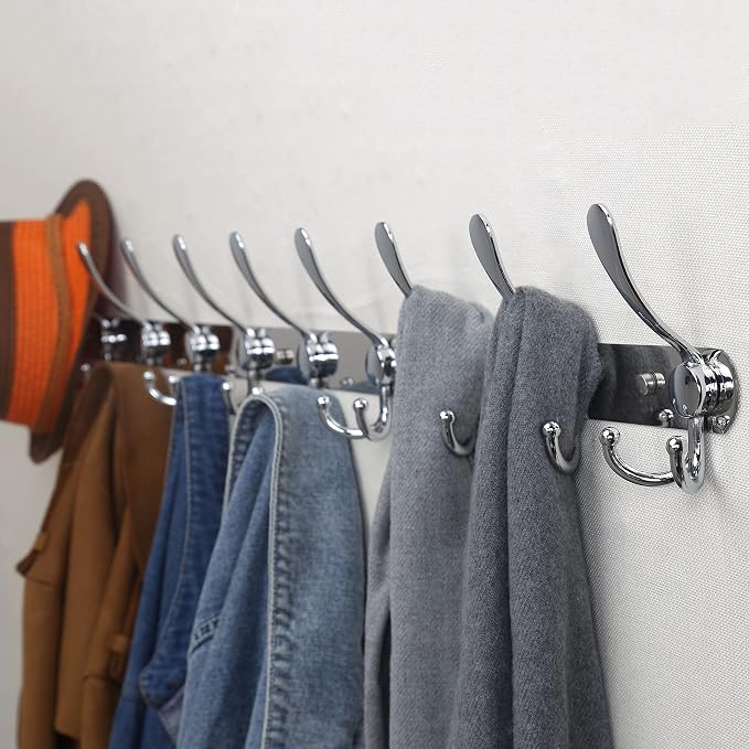 Dseap Coat Rack Wall Mount - 38” Long 10-Tri-Hooks Heavy Duty Coat Hanger Rail Wall Hooks for Hanging Coats Hats Clothing Clothes Purse Mudroom Entryway, Chromed, Pack of 2