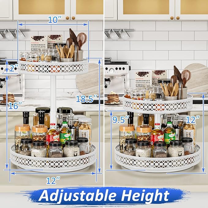 2 Tier Lazy Susan Organizer - Adjustable Rotating Spice Rack 12 inch | Floral Turntable Lazy Susan for Cabinet Pantry Kitchen Countertop Table Top Cupboard Bathroom Vanity Storage Metal White