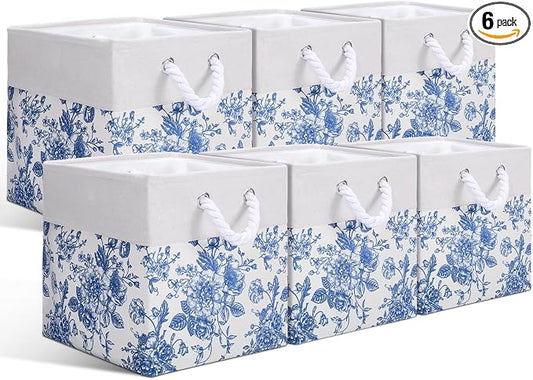 LemonRoad 6 Pcs Blue Floral Cube Storage Bins 13 Inch Square Storage Basket with Handle Preppy Girl Organizer Basket Collapsible Fabric Box for Classroom Bedroom Office Home Decoration Gift