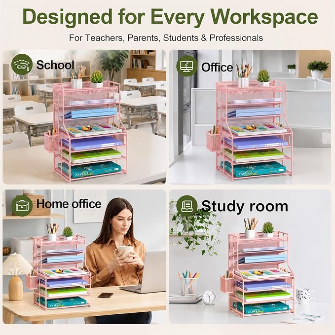 Pink 7 Tier Desk File Organizer, Metal Letter Tray Paper Organizer with Pull-Out Drawer, Removable Pen Holder & Hanging Basket, Vertical Desktop File Holder for Home Office, Classroom