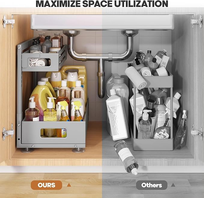 2 Pack 17IN-Depth Under Sink Organizer,Pull Out Cabinet Organizer With Smooth Cylindrical Rail,Metal Slide Out Drawer for Kitchen Bathroom Laundry,8-Level Tool Free Height Adjustable-Gun Gray