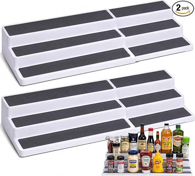 Oizeir Plastic 3-Tier Expandable Spice Rack, Adjustable Length, Stability with Non-Skid Shelf, For Easy Visibility, Organizer for Kitchen Cabinet, Pantry or Countertop, (2-Pack), White/Grey | Expandable Plastic Spice Rack Organizer, Adjustable Length 3...