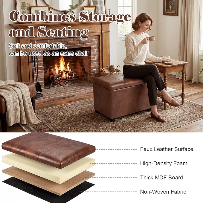 24" Leather Storage Ottoman Bench, Rectangle Foot Rest Stool for Living Room, Bedroom, Entryway, Coffee