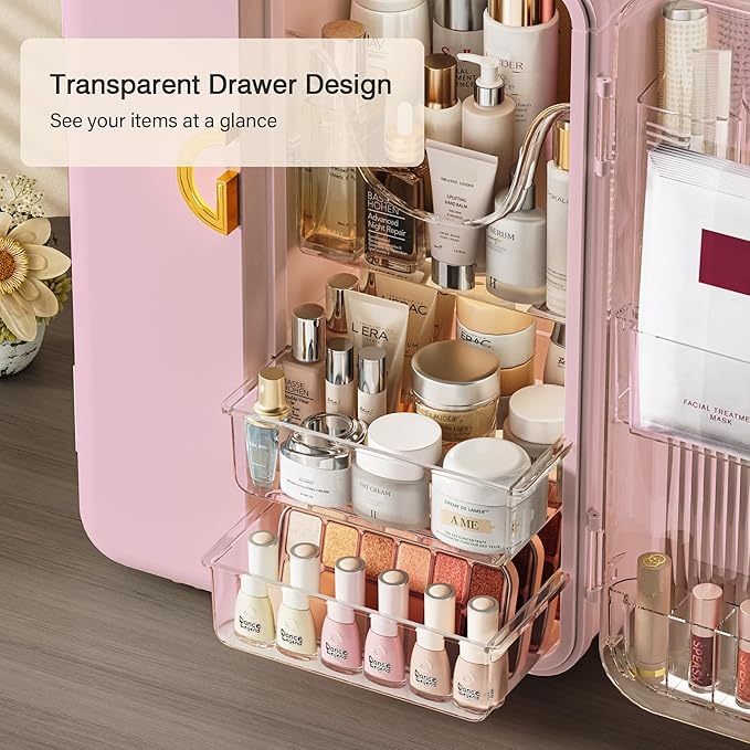Makeup Organizer for Vanity, Large Capacity Skincare Organizers and Storage with Drawers, Dustproof Cosmetic Display Case for Bathroom Countertop, Trendy Teen Girl Gifts, Pink