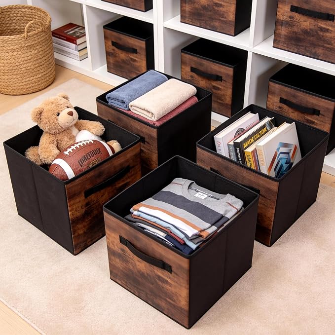 13 Inch Fabric Storage Cubes, 6 Pack Foldable Storage Bins with Handle, Fabric Cube Box for Shelves, Closet, Bedroom, Living Room, Organizer, Rustic Brown and Ink Black
