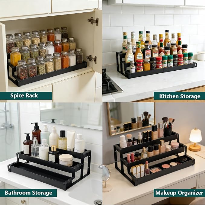 bealy Expandable 3-Tier Spice Rack Organizer for Cabinet, Adjustable Length 16“-29” Spice Shelf, Metal Spice Organization for Cabinet Countertop Pantry, Slip-Resistant Design for Jars and Bottles