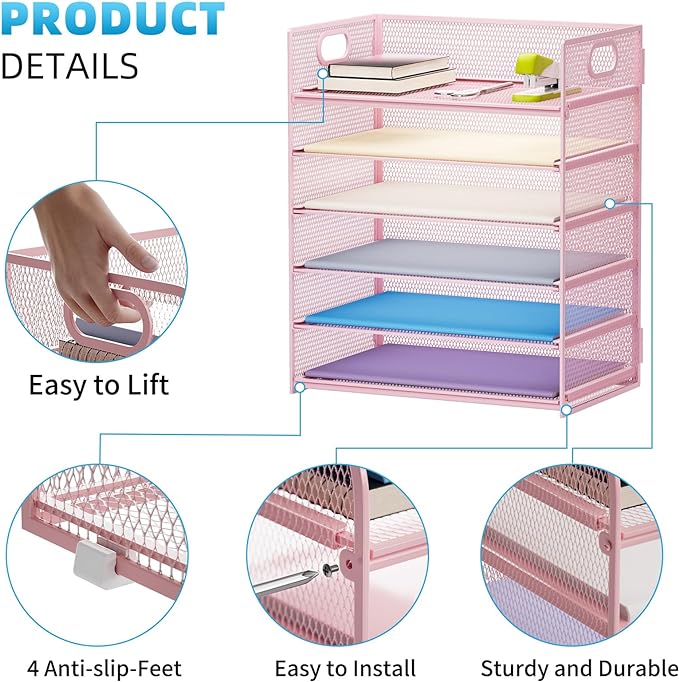 Marbrasse 6 Tier Paper Organizer Letter Tray - Mesh Desk File Organizer with Handle, Paper Sorter for Letter/A4 Office File Folder Holder -Pink