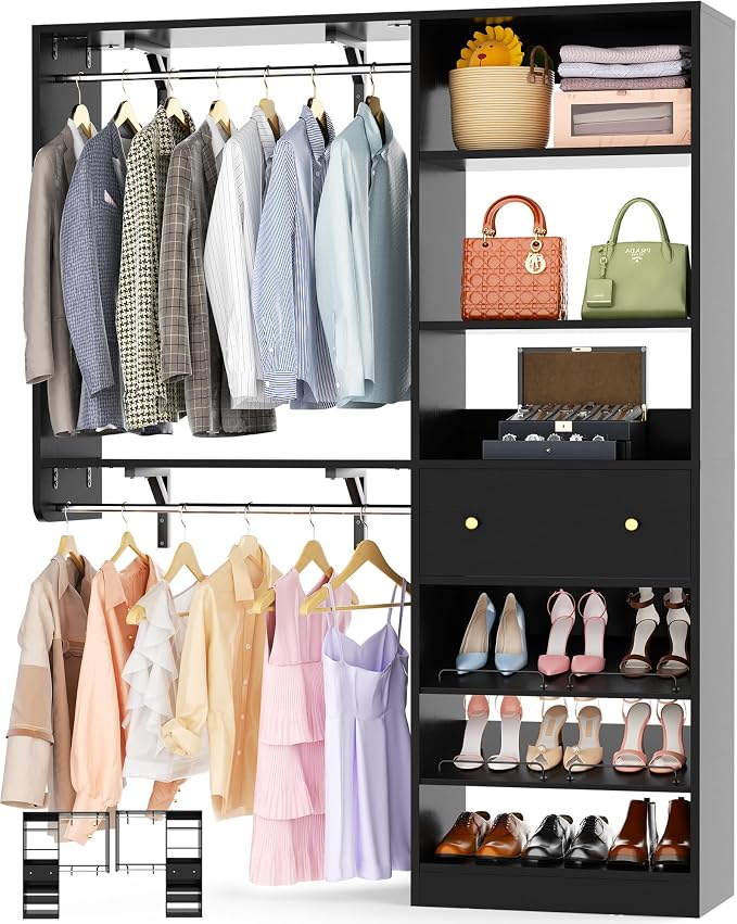 Closet System with Drawer - Reversible 5FT Wood Closet Organizer System with 2 Hanging Rods and Adjustable Shelf, Walk In Closet Organizers with Shoe Rack, Built-In Garment Rack Clothes Rack, Black
