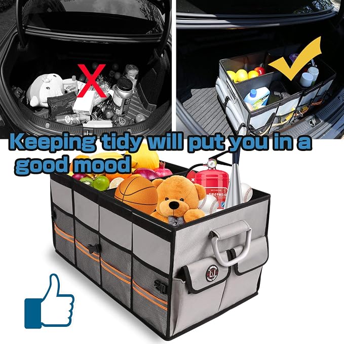 Trunk Organizer, LIBZAKI Cargo Organizer, Premium Multi Compartments Collapsible Portable Trunk Storage for auto, SUV, Truck, Minivan -Grey