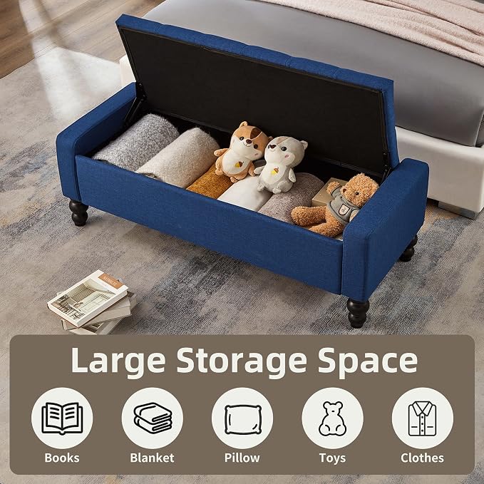 50" W Storage Ottoman Bench with Safety Hinge, Load up to 660 lb Ottoman with Storage, Upholstered Tufted Entryway Bench with Seating for Living Room, Bedroom, Entryway, Blue