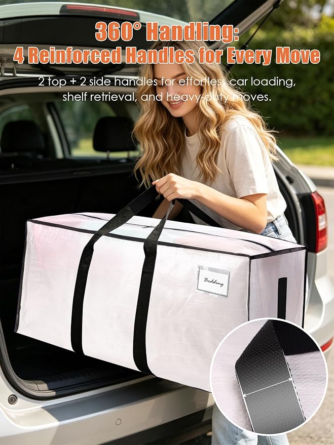 SWEET DOLPHIN 8 Pack 200LB Heavy-Duty Moving Bags with Wrap-Around Handles, Extra Large Storage Totes for Space Saving, Clothes Storage Bags, College Dorm Essentials, Semi-Transparent, 24 Gal
