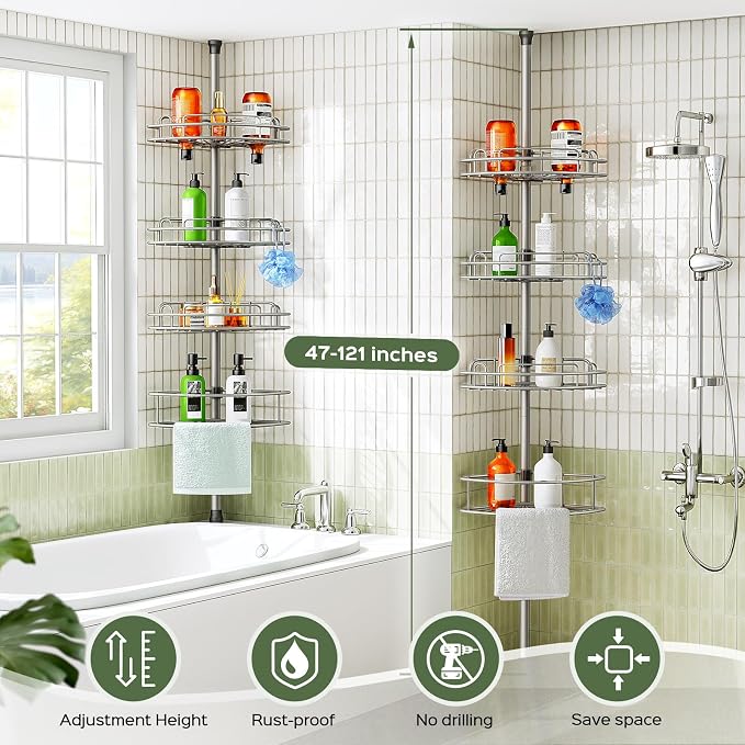 HAMITOR Corner Shower Caddy Tension Pole: 4-Tier Rust-Resistant Adjustable Bathroom Organizer Shelves - 47.72-123.6 Inch No-Drill Quick Install - Space-Saving Storage for Renters Family - Silver Gray