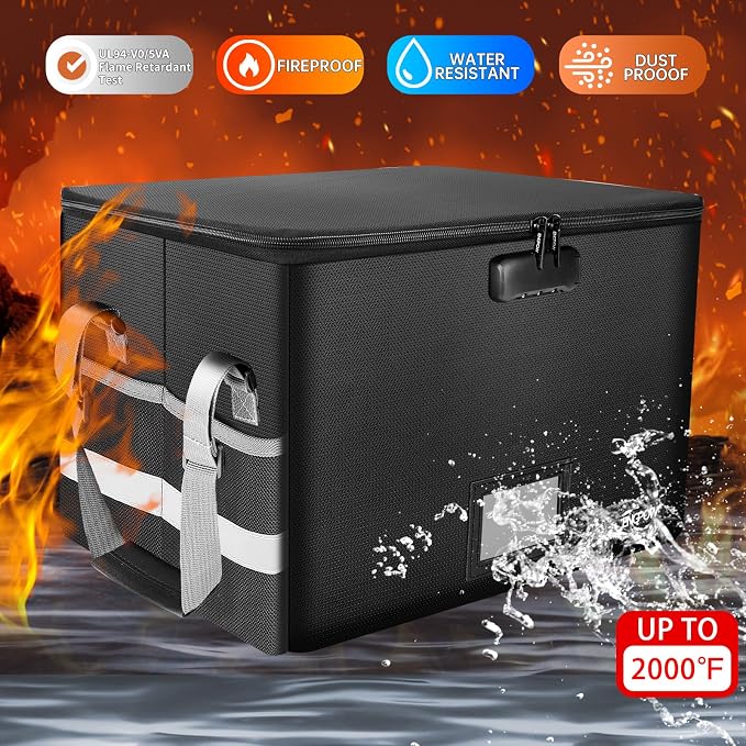 ENGPOW File Box with Lock, Fireproof Document Box with Pockets, Collapsible File Organizer Filing Storage Cabinet with Handle, Portable Home Office Safe for Hanging Letter/Legal Folders,Black,2 Pack