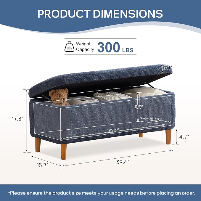 39.4" Ottoman with Storage Upholstered Storage Bench for Living Room | Modern Fabric End of Bed Bench Footstool with Wooden Legs Ottoman Bench for Window Hallway Entryway Bedroom Blue