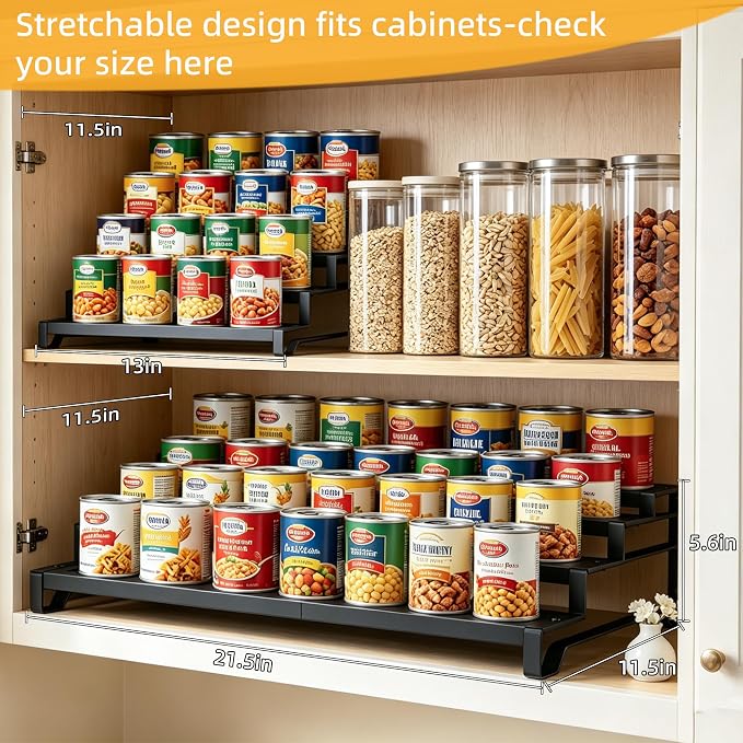Expandable Can Organizer for Pantry, 4 Tier Metal Canned Food Storage 2Pack | 13"-21" Adjustable Length, Tiered Reversible Shelf Design, Large-Capacity Storage for Kitchen Cabinets & Countertops