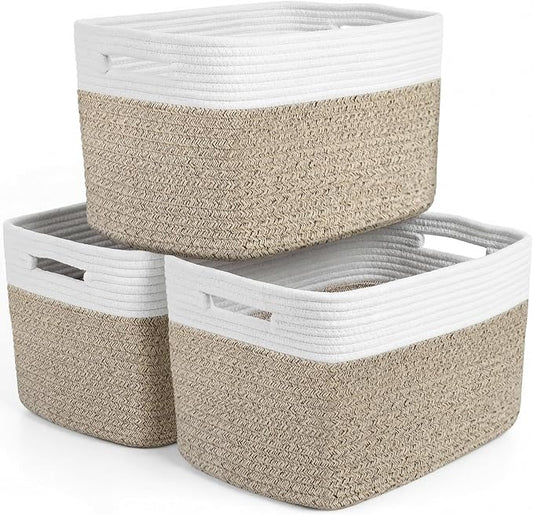 Storage Baskets for Organizing, 14 x 10 x 9” Closet Shelf Woven Baskets, Square Bins with Handles, Cotton Rope Basket for Clothes, Office, Room, White+Rice Brown 3 Pack